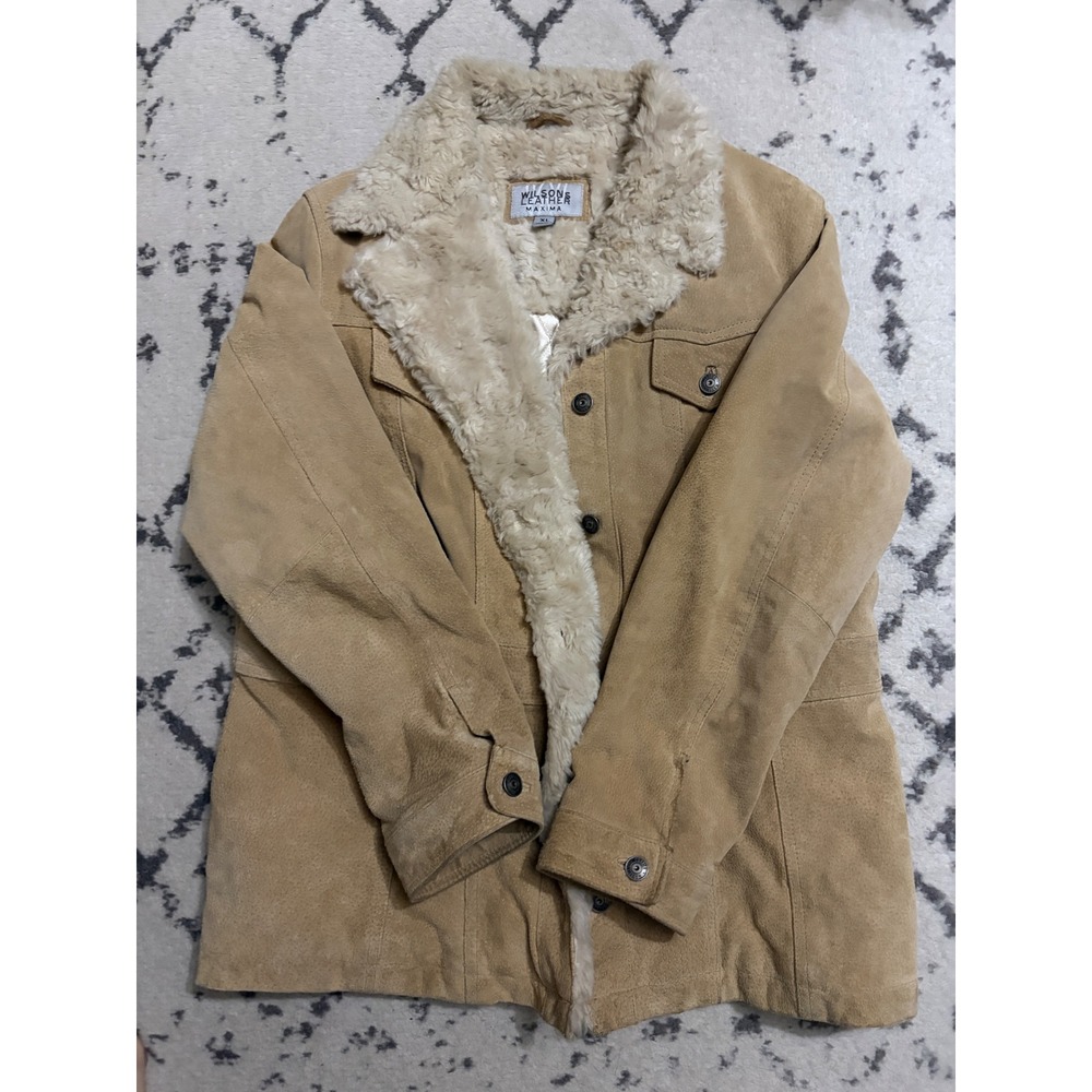 Y2K Wilsons Leather Maxima Tan Suede Shearling Trim Quilted Jacket Womens XL